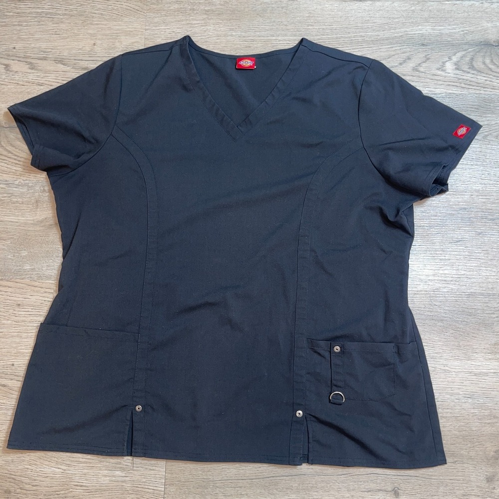 Dickies Womens 2XL Scrub Top V-Neck Black Short Sleeve Stretch Pockets 82851